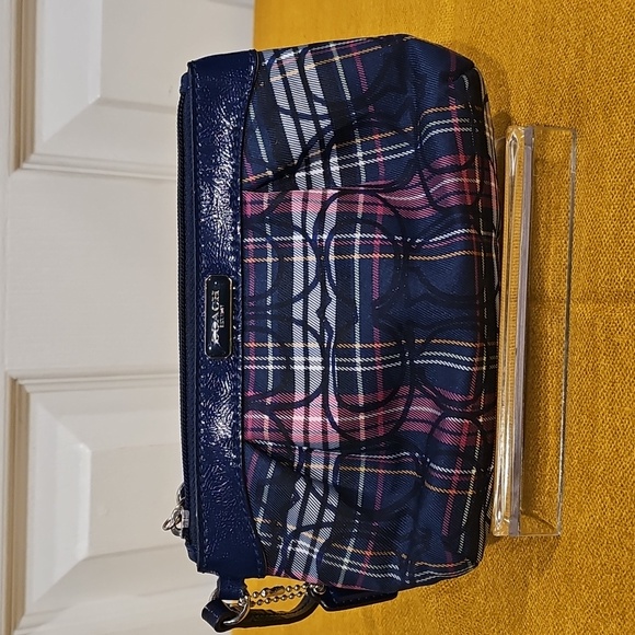 Coach Poppy Navy Blue Tartan Wristlet - Picture 1 of 12